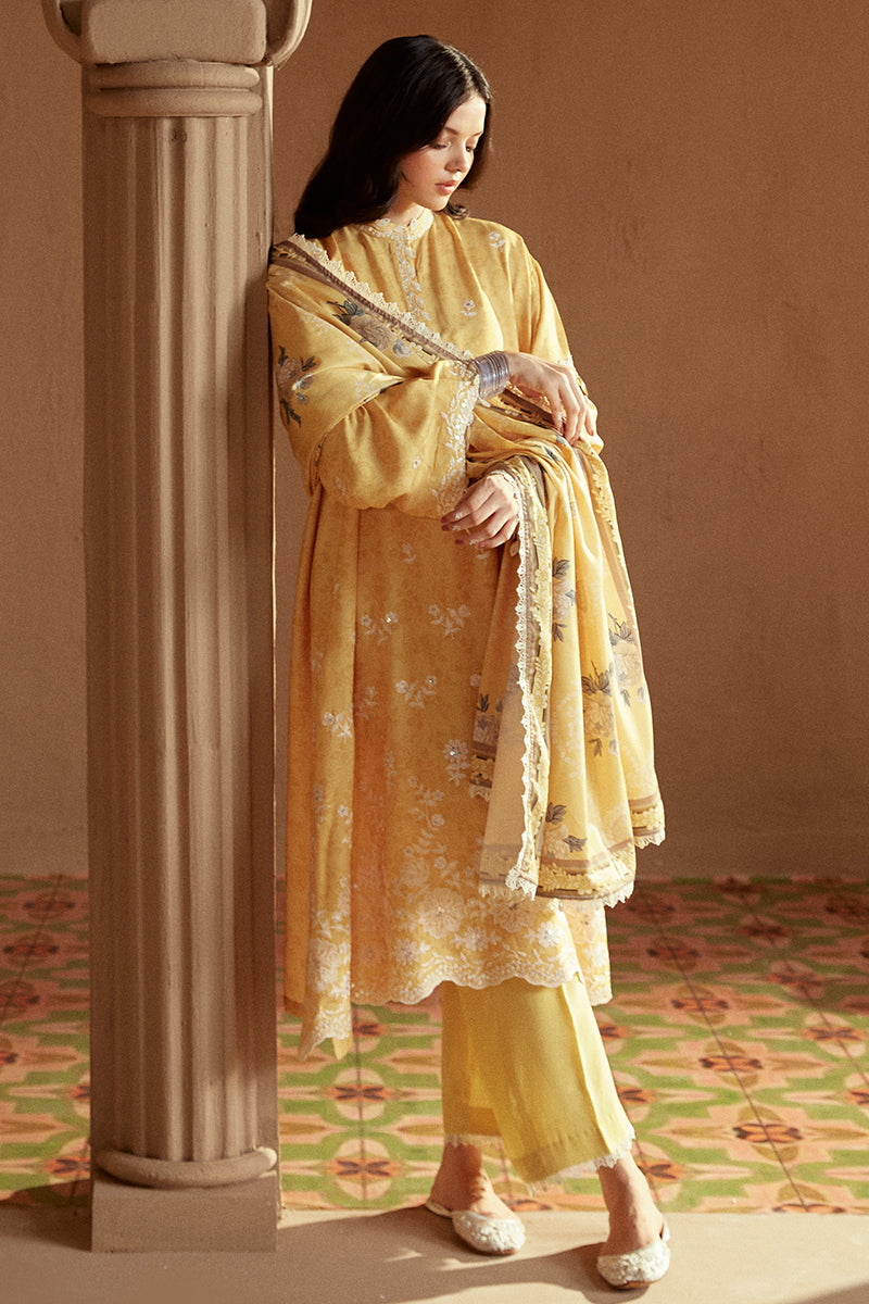 OCHRE TINT-3 PC LINEN EMBROIDERED SUIT